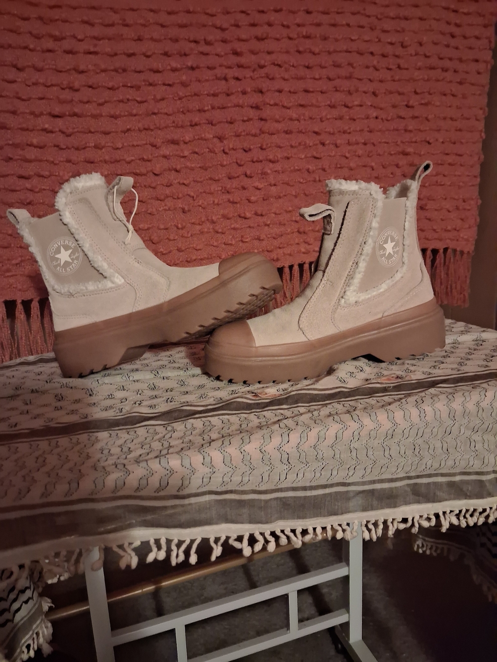 Converse Beige Platform Chelsea Boots with Shearling Trim